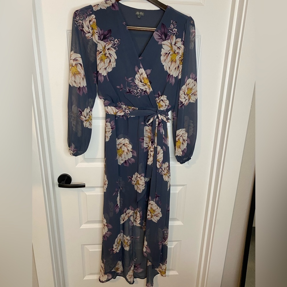 Lily Rose Floral Print Faux Wrap Dress Size L Navy Blue Cream Purple Yellow